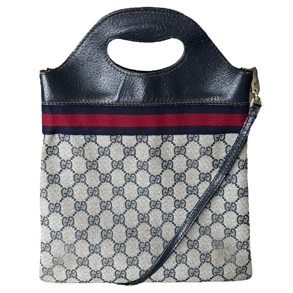 Gucci • RARE Vintage GG Web Monogram Navy PVC Leather Purse Tote Bag Handbag - Picture 5 of 16